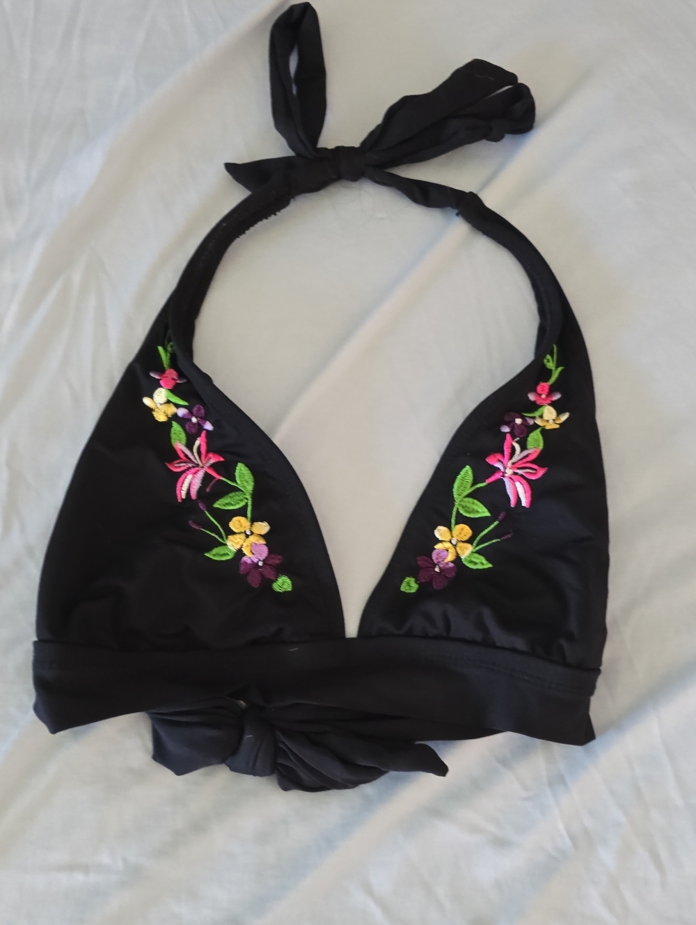 a.n.a Black Halter Bikini Top with Pink Yellow Purple Floral Embroidery